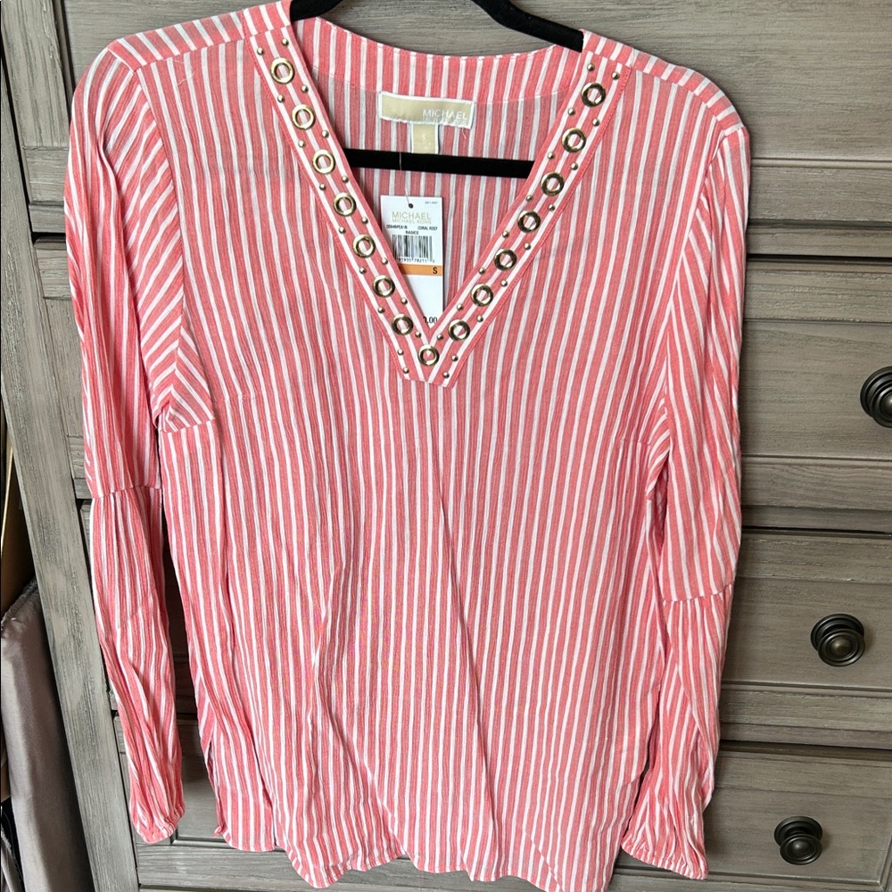 Michael Kors Pink and White Striped Blouse with Eyelet Accents